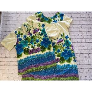 1960s-70s Ui-Maikai Beige‎ Floral Hibiscus Hawaiian Dress & Shirt Honeymoon Set